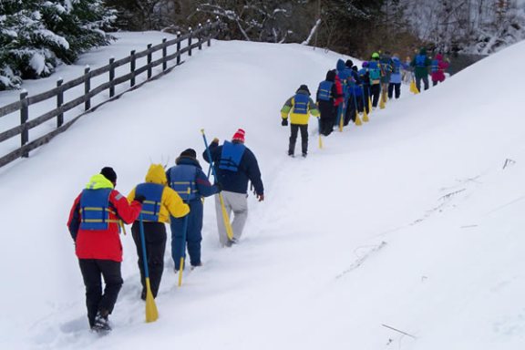 a group of people riding skis down a snow covered slope